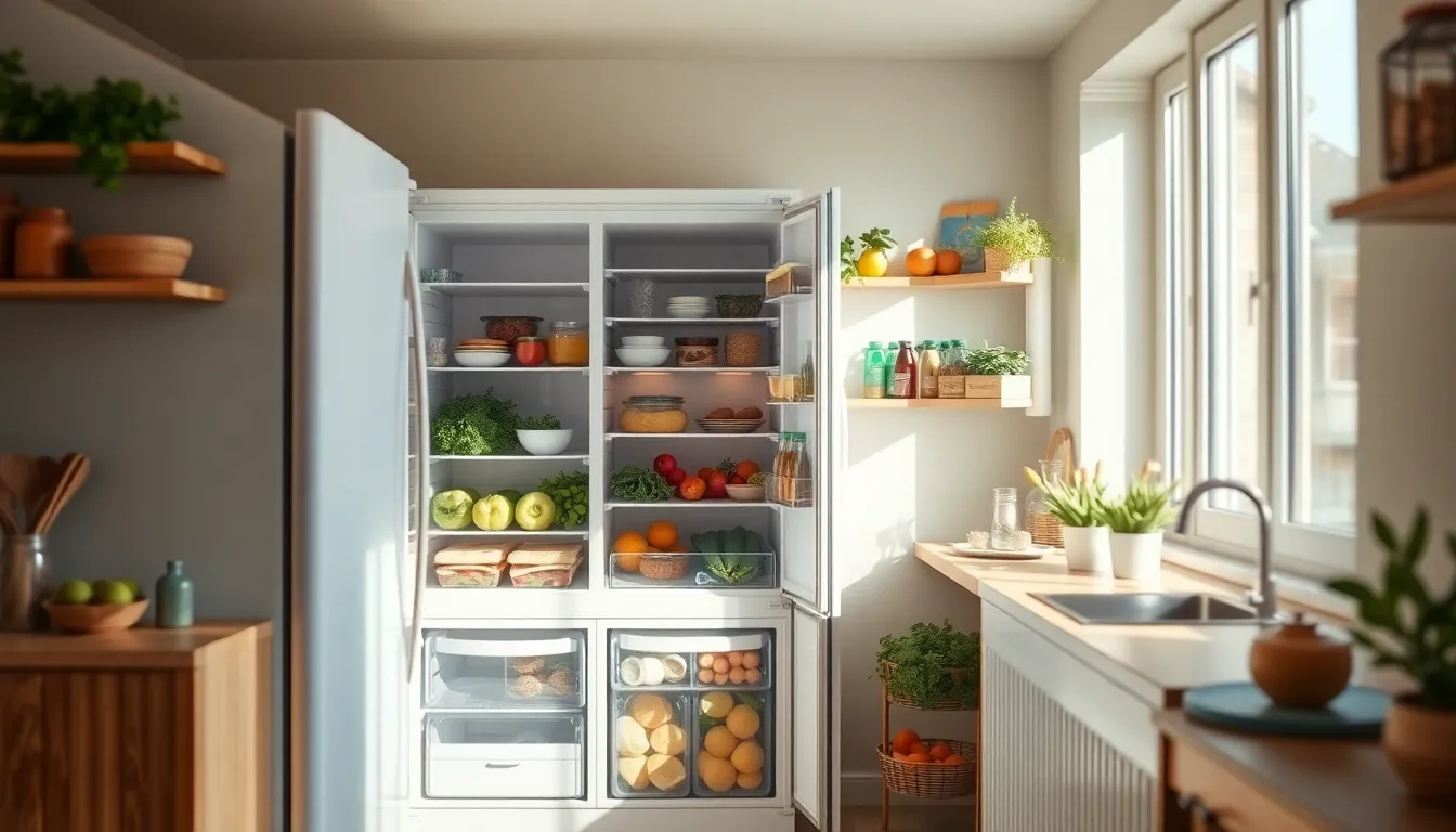 다양한 식료품으로 가득 찬 깨끗하고 현대적인 냉장고 내부 모습